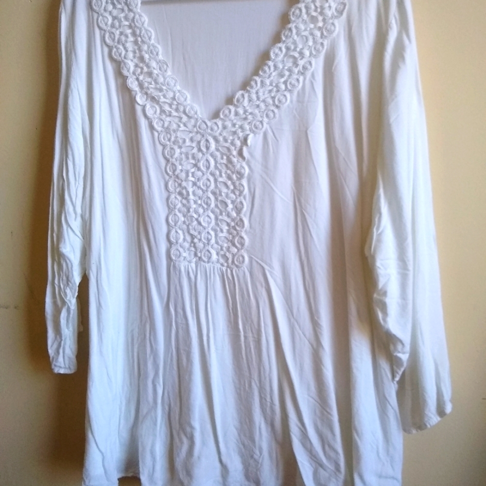Cottage Core, Spence Woman, cotton lace trimmed, white blouse, 3x, 100% viscose
